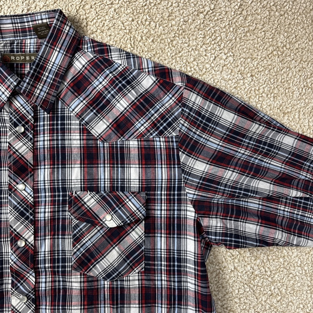 Roper Shirt Mens 2XL Red White Blue Plaid L/S Pearl Snap Western Cowboy - Picture 4 of 13